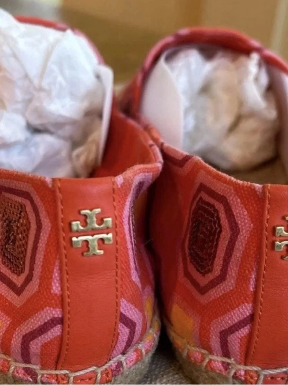Tory Burch Coral and Pink Geometric Sequin Espadrille Slip-On